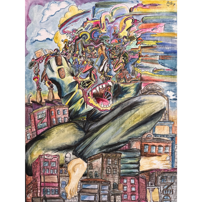 Original canvas art using mixed media by NYC artist Ashton Herres called Metropolitan Madness