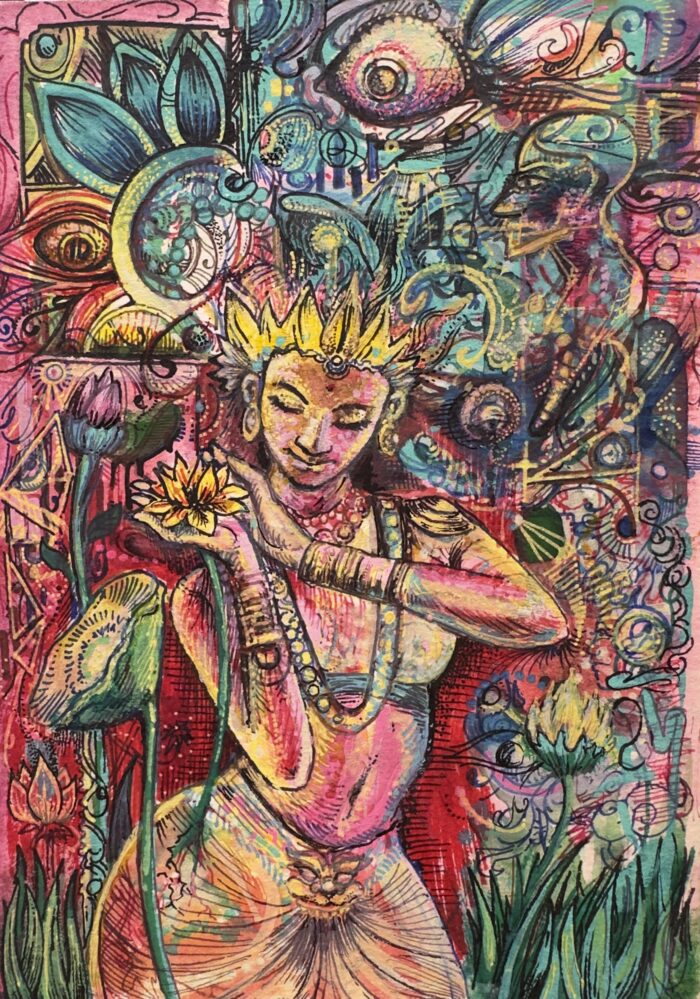 Goddess of the Lotus, 5 × 7 in watercolor, ink pen, alcohol marker and Posca on woodblock by Ashton Herres
